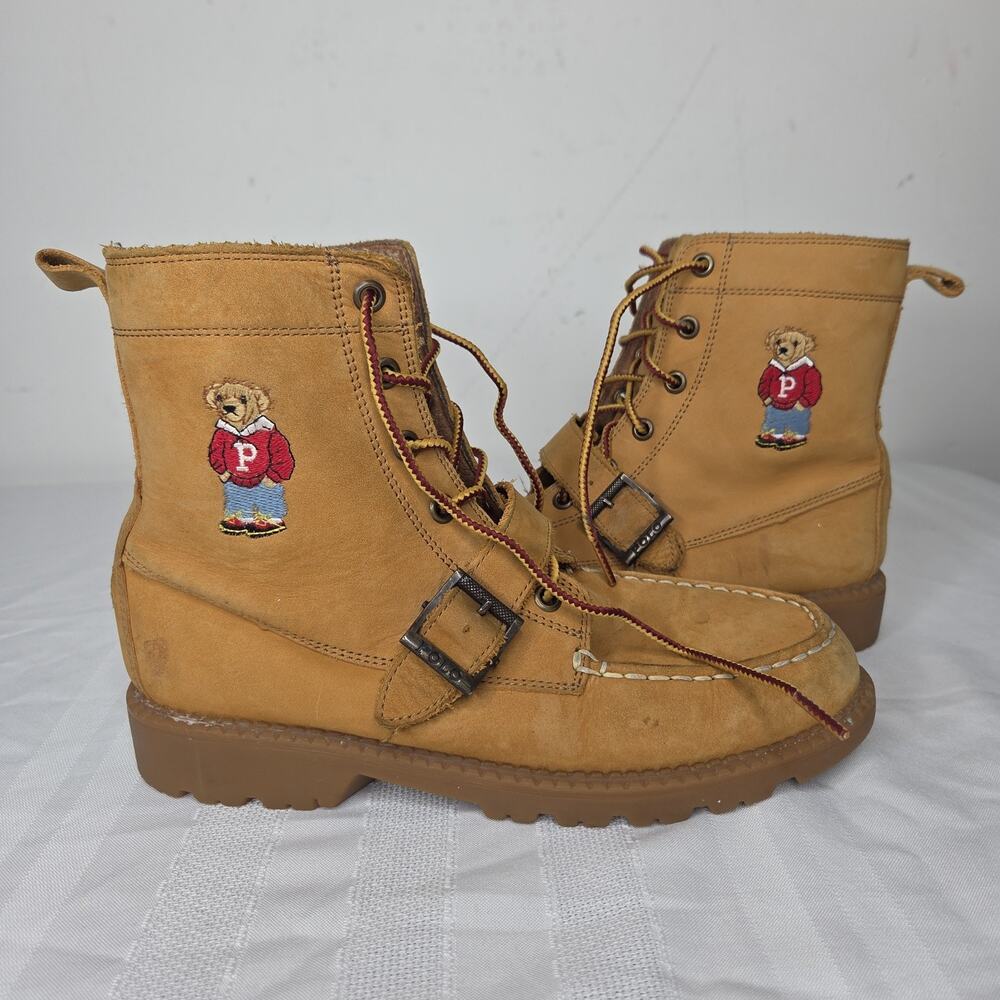 Polo Ralph Lauren Ranger Hi II Polo Bear Boots Boys 4.5 Wheat Tan Buckle Fleece